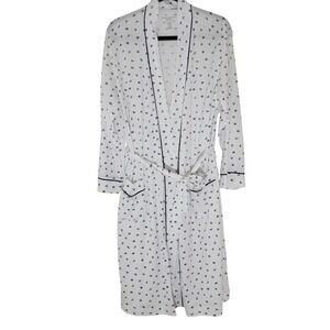 CUDDLEDOWN NWOT XLarge Robe 100% Pima Cotton Blue Leaf Print Navy Trim Made Peru